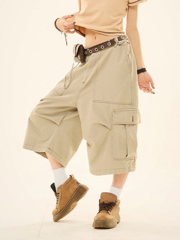Inpei American Style Large Pocket Work Clothes Capris For Women And Men In Summer China-Chic Brand Loose Pleated Design_viptrois.com