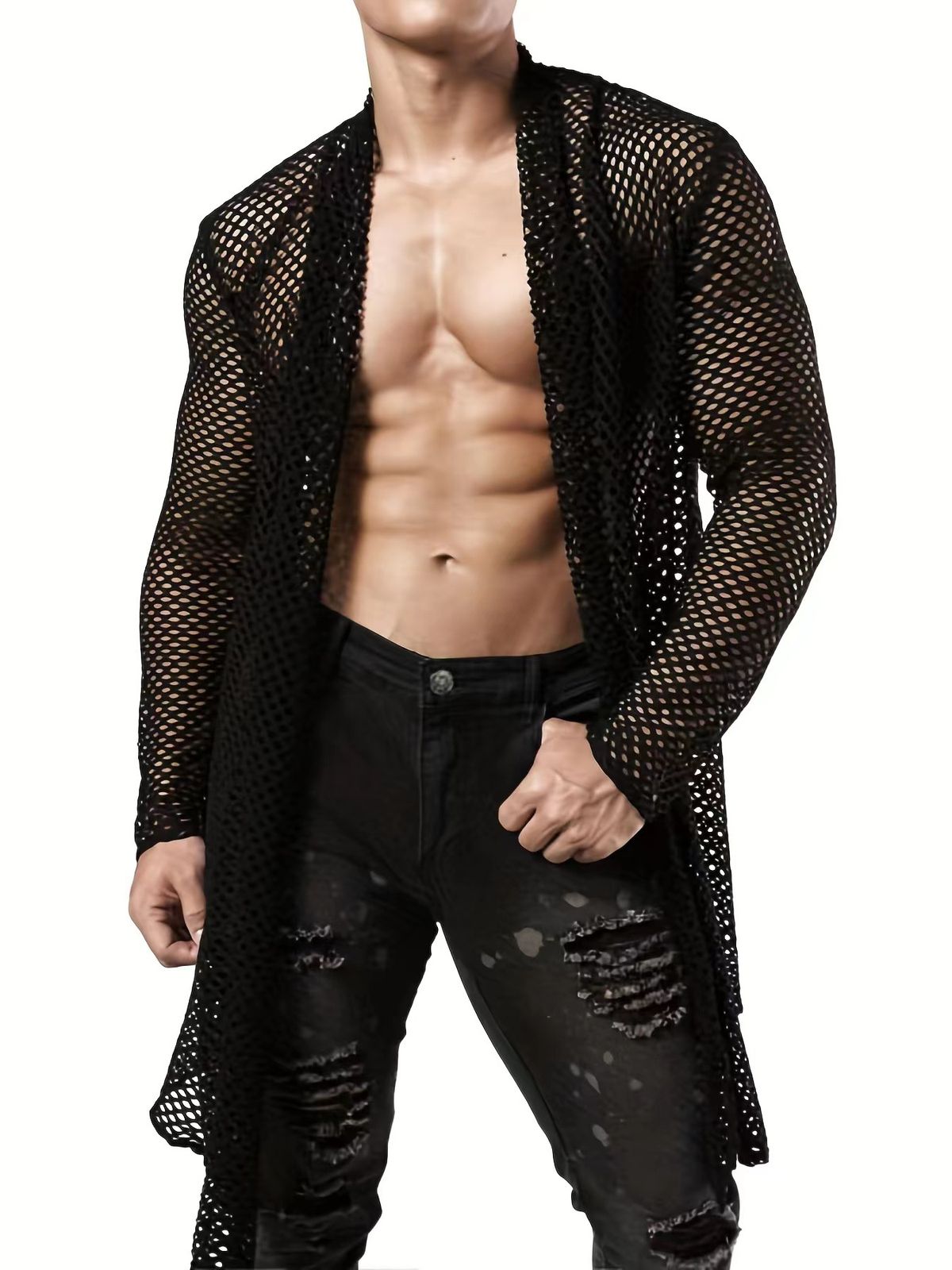 Men's Clothing Personality Long Sleeved Street Fashion Shirt Long Mesh Hollow Sexy Perspective Cardigan_viptrois.com