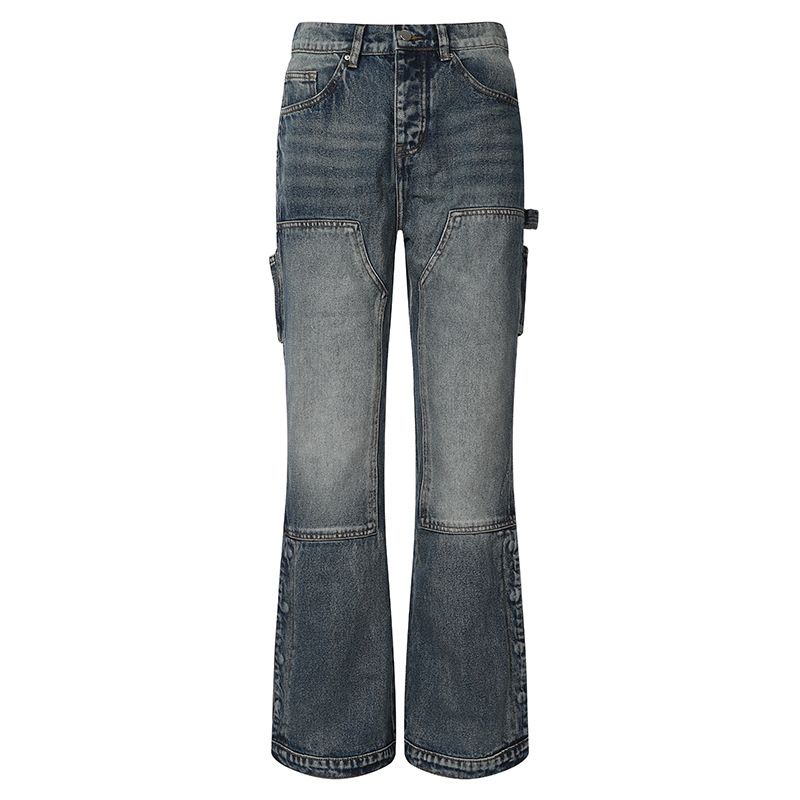 Men's Clothing Exclusive Washed Blue Vintage Jeans Men's Street Stitching Multi Pocket Hem Split Buckle Straight Trousers_viptrois.com