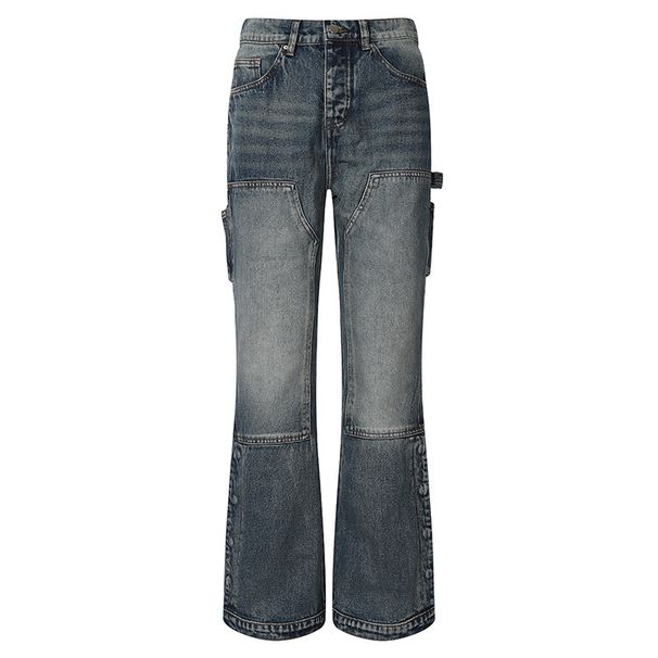 Men's Clothing Exclusive Washed Blue Vintage Jeans Men's Street Stitching Multi Pocket Hem Split Buckle Straight Trousers_viptrois.com