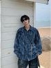 Men's Clothing Retro Shoulder Pad Denim Shirt Model Wear Tie Dyed Distressed Jacket Hairstylist Trendy Shirt_viptrois.com