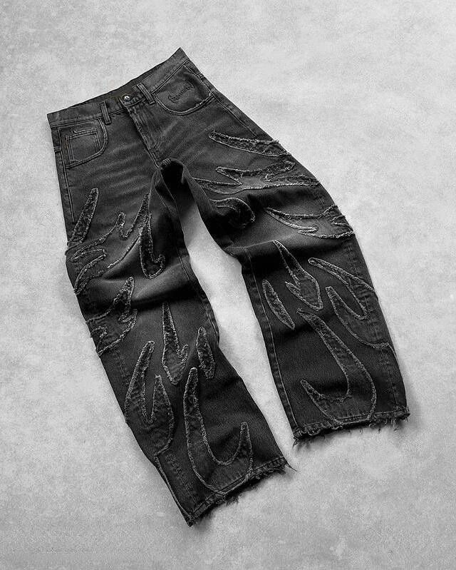 Men's Clothing Harajuku Retro Bat Pattern Embroidery Loose Jeans Men Street Y2K Pants Slouchy Jeans_viptrois.com