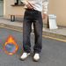 Men’s Fleece-Lined Jeans – Winter Warm Loose Fit, Straight Leg, Retro Blue & Black Washed Denim_viptrois.com