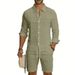 Men's Linen Blend Long Sleeve Shirt & Cargo Shorts Set | Relaxed Fit Multi-Pocket Workwear Style Summer Outfit_viptrois.com