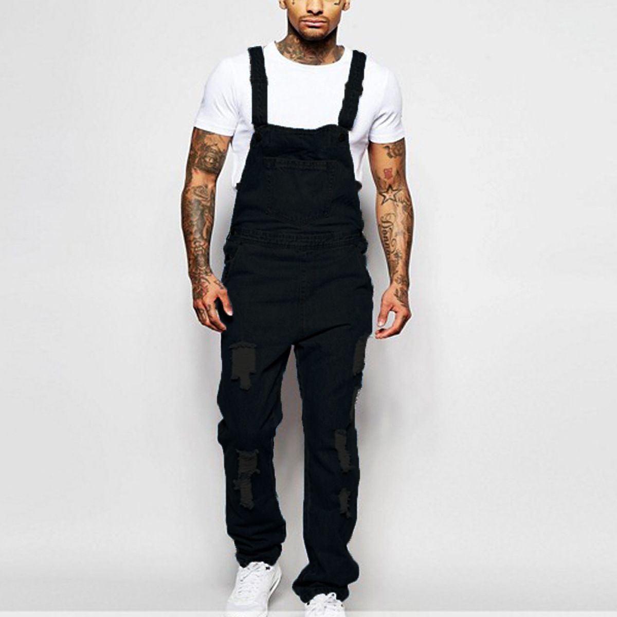 Men's Clothing Fashion Men's Strappy Denim Rompers Ripped Jeans Trousers_viptrois.com