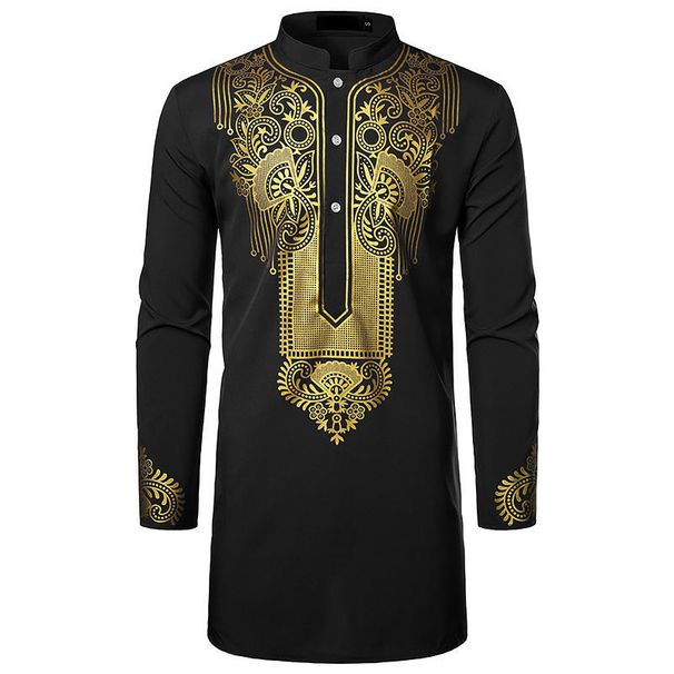 Men'S Stand-Up Collar Printed Totem Long Shirt Casual Shirt_viptrois.com