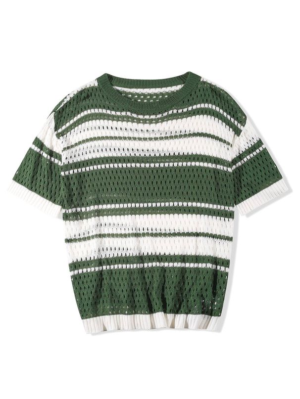 New Arrival! Men's Ice Silk Hollow Out Knit T-Shirt Streetwear Breathable Summer Sweater Hip Hop Casual Top Skin-friendly Quick-dry Contrast-Stripes_viptrois.com