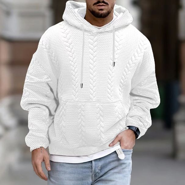 Pure 2025 New Foreign Trade Autumn Men's Plus Size Casual Jacket Jacquard Hooded Solid Color Drawstring Long Sleeve_viptrois.com