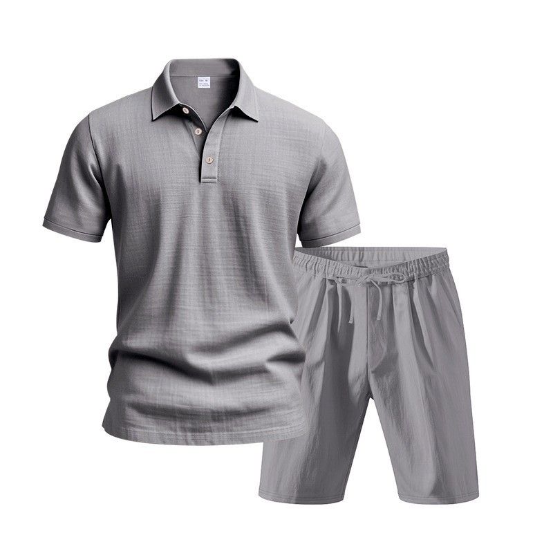 Men's Clothing Men's Summer New Linen Men's Casual Lapel Polo Shirt Short Sleeved Beach Shorts Casual Suit_viptrois.com