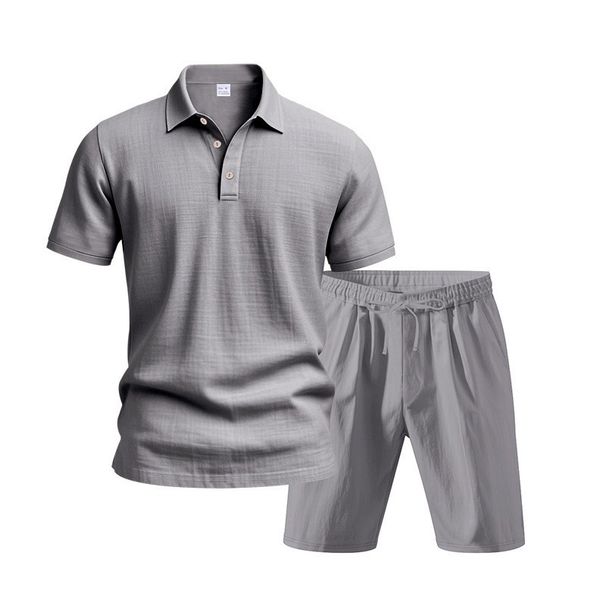 Men's Clothing Men's Summer New Linen Men's Casual Lapel Polo Shirt Short Sleeved Beach Shorts Casual Suit_viptrois.com