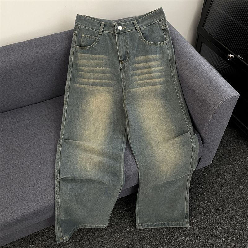 Petite American High Street Hot Girl Jeans For Autumn, Retro Loose Fit, Slimming, High Waisted Straight Leg Wide Leg Floor Length Pants_viptrois.com
