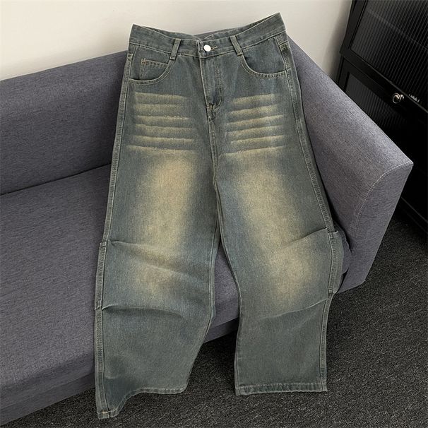 Petite American High Street Hot Girl Jeans For Autumn, Retro Loose Fit, Slimming, High Waisted Straight Leg Wide Leg Floor Length Pants_viptrois.com