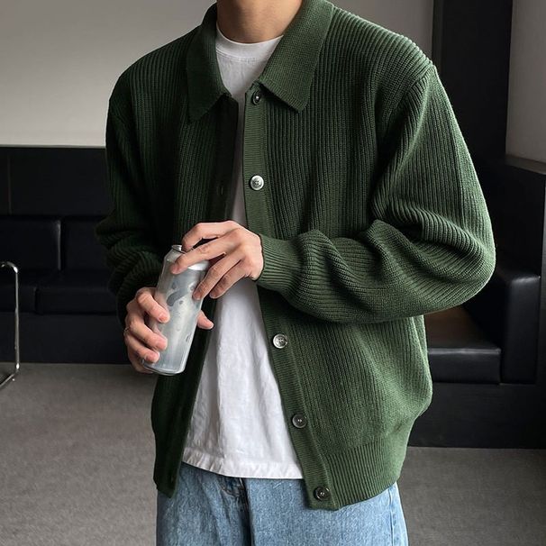Early Autumn Dark Green Turn-Down Collar Knitted Cardigan Korean Style Men's Fashion Trendy Casual Versatile Sweater_viptrois.com