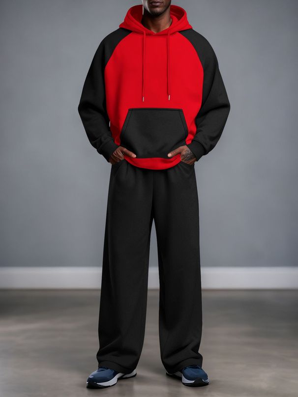 Men's Fleece-Lined Hooded Sweatshirt & Jogger Pants Set - Casual Loungewear With Color Block Design For Autumn Winter_viptrois.com
