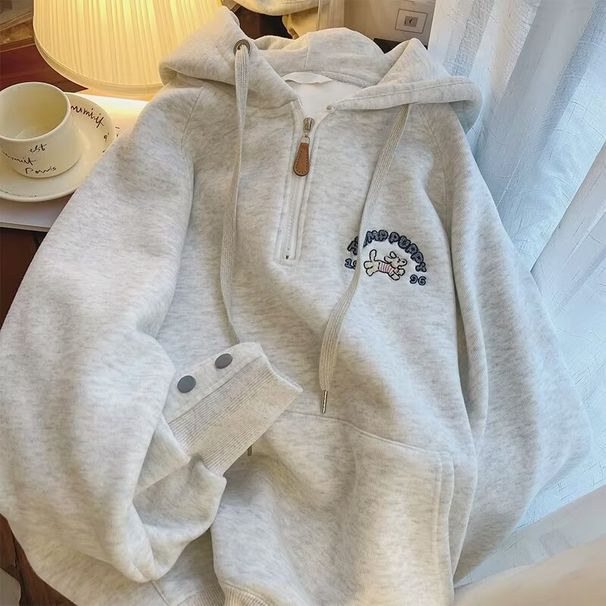 Autumn And Winter Thick Plush Top Coat Half Zipper Retro Dog Embroidery Hoodie_viptrois.com