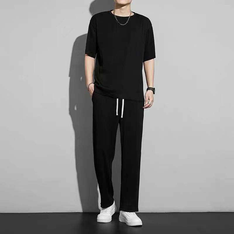 Men's Clothing Ice Silk Sports Suit Men's Summer Thin 2025 New Casual Long Pants Short-sleeved T-shirt Quick-drying_viptrois.com