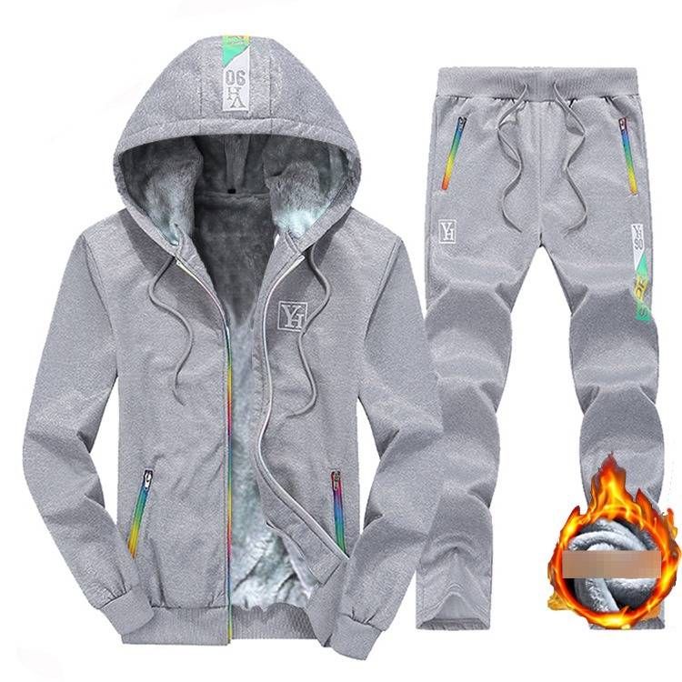 Men's Fleece-Lined Hoodie & Jogger Set | Winter Warm Sportswear | Cold Weather Running Outfit | Sizes M-XXXXL (Gray/Black/Navy)_viptrois.com
