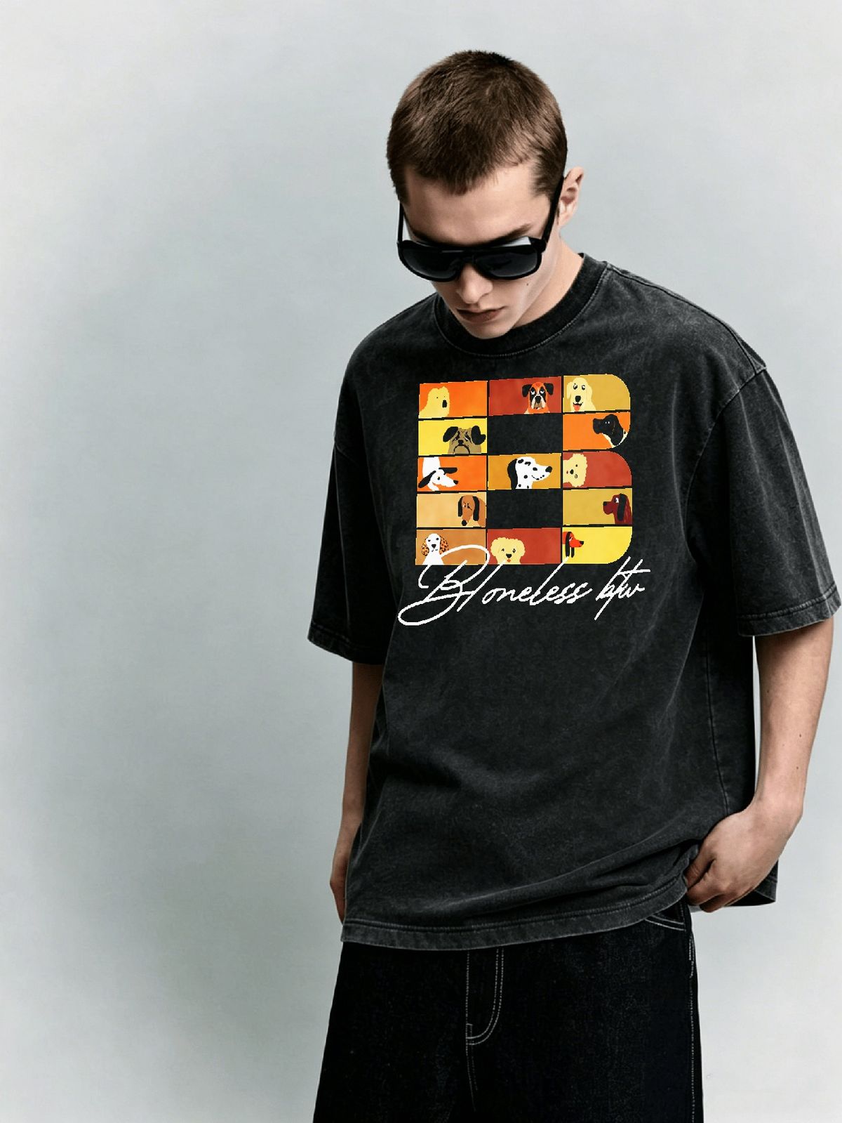Relaxed Heavyweight Washed Fun Animal Cotton T-Shirt Men's Casual Streetwear Tee_viptrois.com
