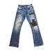 Velvet Patchwork Burnout Flared Jeans Distressed Bleached Denim Pants Metal Accents Unisex Vintage Wash Zip Fly 68% Cotton No Stretch_viptrois.com