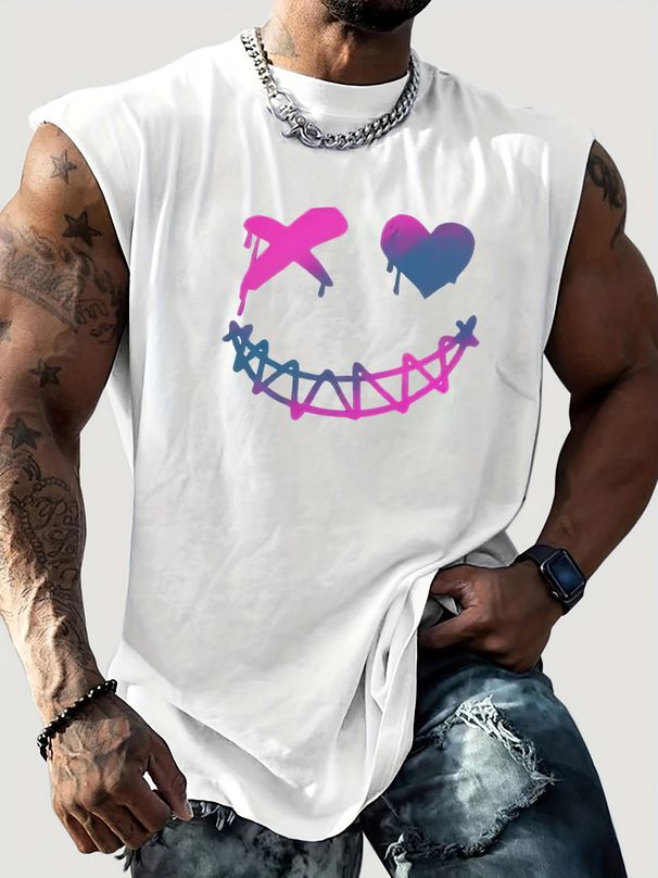 100% Pure Cotton Men's Summer Casual Sports Fitness Loose Smiling Face Pattern Printed Breathable Round Neck Sleeveless Vest_viptrois.com