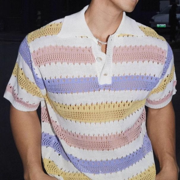 Men's Clothing Color Striped Hollow Short Sleeved Polo Shirt Men And Women Summer Beach Vacation T Shirt_viptrois.com