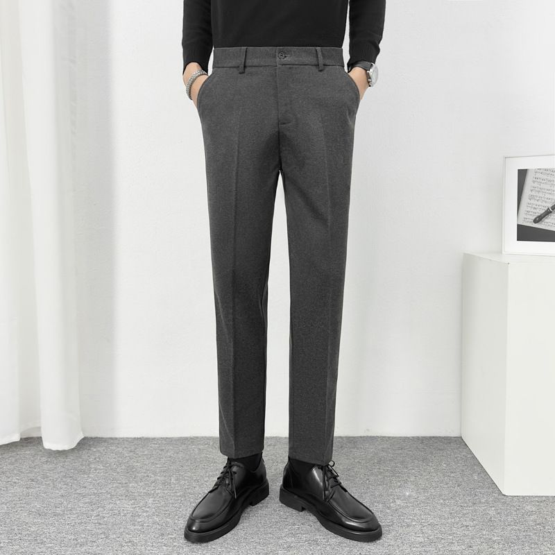 Men's Slim Fit Straight Leg Woolen Trousers Autumn/Winter Korean Style Brushed Thick Casual Long Pants_viptrois.com