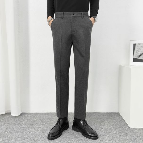 Men's Slim Fit Straight Leg Woolen Trousers Autumn/Winter Korean Style Brushed Thick Casual Long Pants_viptrois.com