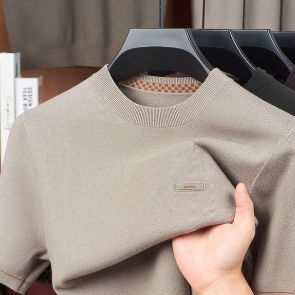 Autumn Winter Thickened Velvet Short Sleeve Knitted Sweater T-Shirt Men's Round Neck Simple Elegant Base Shirt_viptrois.com