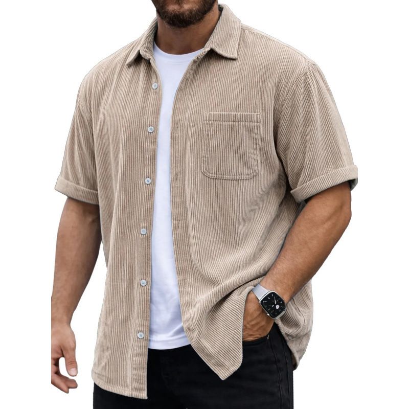 Men's Dark Gray Corduroy Shirt Short Sleeve Cardigan Top Retro Style Versatile Breathable Textured New_viptrois.com