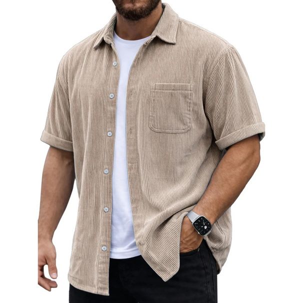 Men's Dark Gray Corduroy Shirt Short Sleeve Cardigan Top Retro Style Versatile Breathable Textured New_viptrois.com