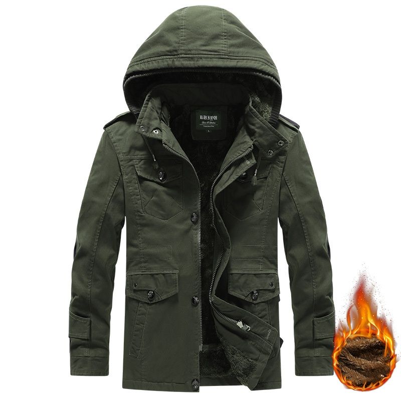 Men’s Winter Jacket – Thickened Fleece-Lined, 95% Cotton, Oversized Hooded Parka (Khaki/Green/Black, M-6XL, Breathable & Multi-Pocket)_viptrois.com