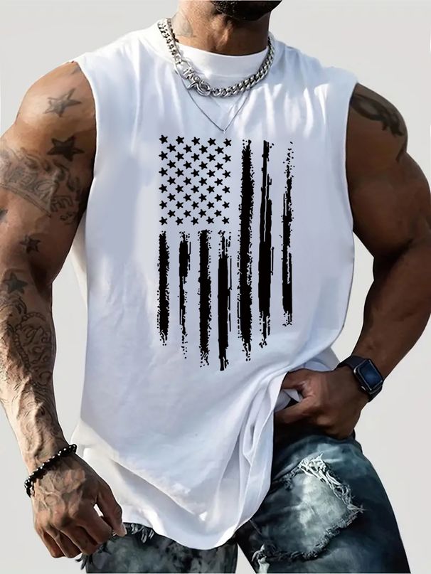 100% Pure Cotton Men's Summer Casual Sports Fitness Loose American Flag Pattern Printed Breathable Round Neck Sleeveless Vest_viptrois.com