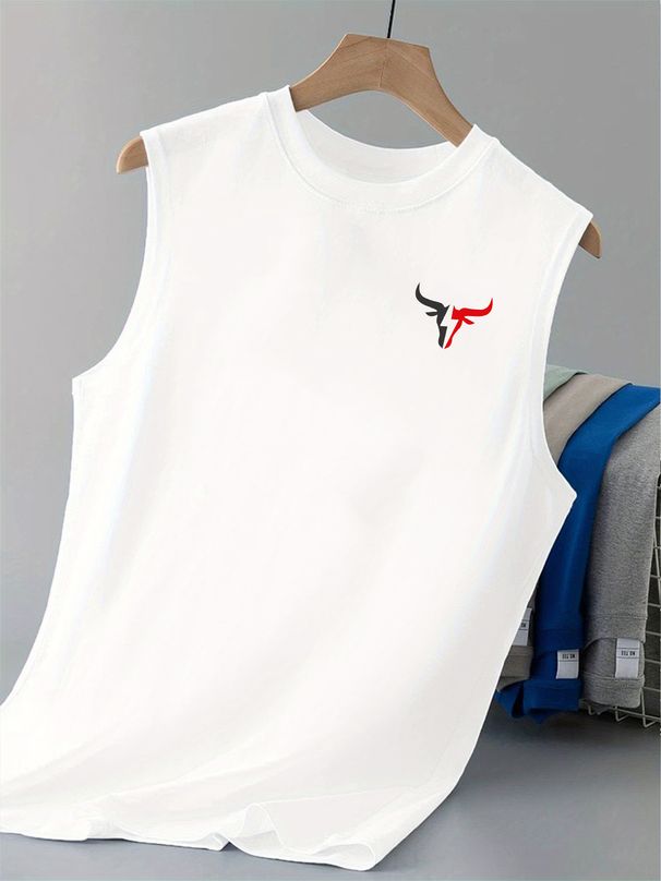 100% Pure Cotton Men's Summer Casual Sports Fitness Loose Bull Pattern Printed Breathable Round Neck Sleeveless Vest_viptrois.com