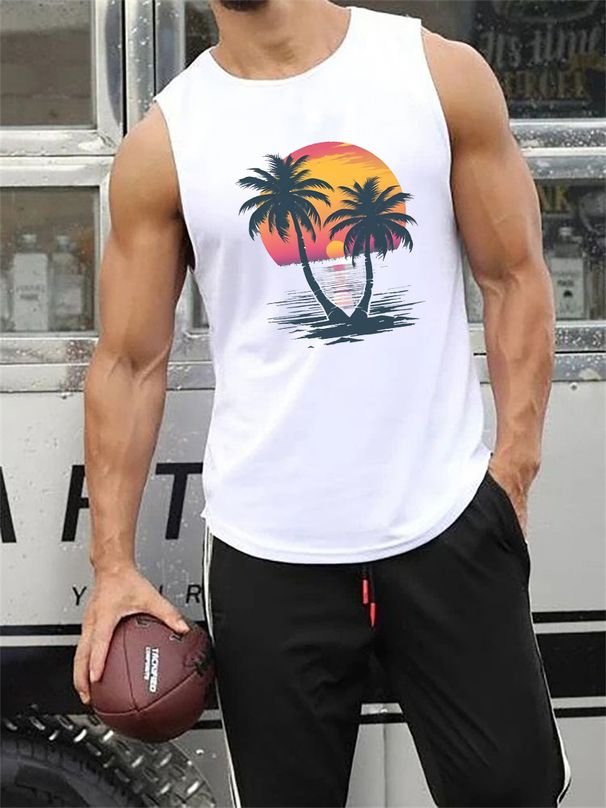 100% Pure Cotton Men's Summer Leisure Sports Fitness Loose Sunset Coconut Tree Pattern Printed Breathable Round Neck Sleeveless Vest_viptrois.com