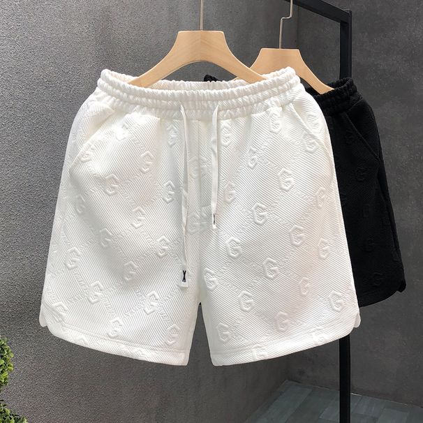 Men's High-Quality Letter Jacquard White Shorts Casual Lace-Up Sports Pants Loose Fit Summer Cotton Mid Waist Baggy Beachwear_viptrois.com