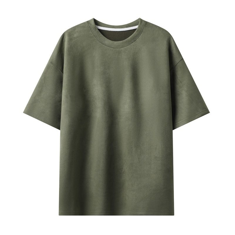 Men's Clothing New Men's Two Open Solid Color Light Plate Suede Loose Round Neck Pullover Short Sleeved T Shirt_viptrois.com