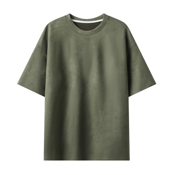 Men's Clothing New Men's Two Open Solid Color Light Plate Suede Loose Round Neck Pullover Short Sleeved T Shirt_viptrois.com