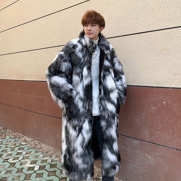Men's Faux Fur Coat Jacket - Winter Fashion Oversized Streetwear Bomber With Fox Fur Design, Long Stand Collar Zip-Up (S-6XL, White/Black/Grey)_viptrois.com