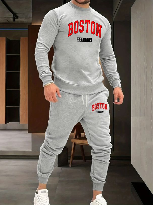 Men's Autumn And Winter Casual Warm BOSTON EST 1997 Printed Loose Thick Velvet Round Neck Sports Shirt+sports Pants Set_viptrois.com