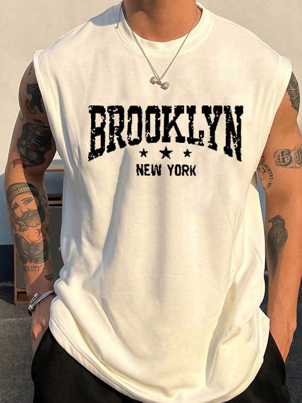 100% Pure Cotton Men's Summer Casual Sports Fitness Loose Brooklyn Pattern Printed Breathable Round Neck Sleeveless Vest_viptrois.com