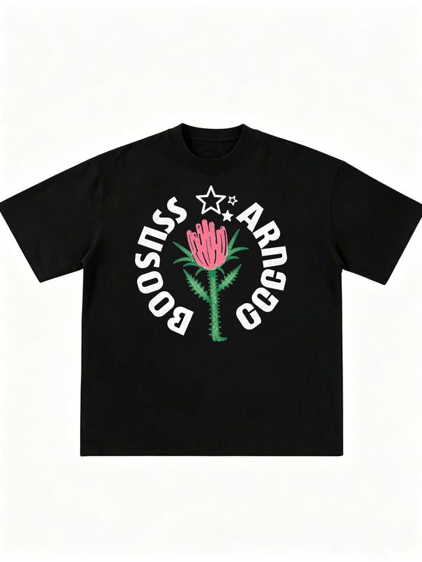 Vintage Thistle Flower Star Arc Letter Graphic Cotton T-Shirt Men's Casual Streetwear Tee_viptrois.com