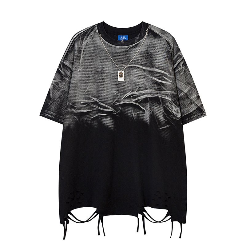 High Street Hip-Hop Distressed Hem T-Shirt - Oversized Streetwear Tee With Metal Chain Detail_viptrois.com