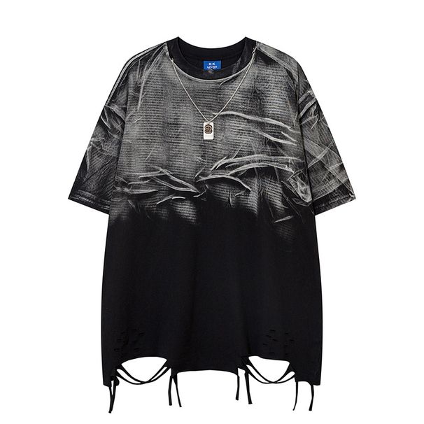 High Street Hip-Hop Distressed Hem T-Shirt - Oversized Streetwear Tee With Metal Chain Detail_viptrois.com