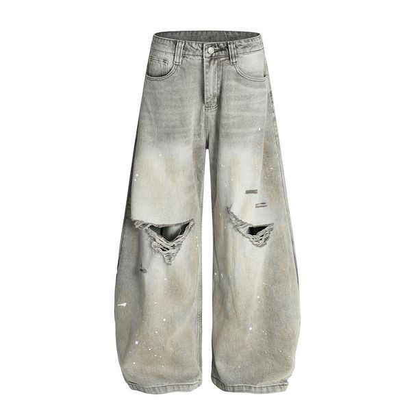 Wasteland Style Distressed Dirty Denim Scimitar Pants Men's Trendy Punk Paint Splatter Washed Wide-Leg Trousers_viptrois.com