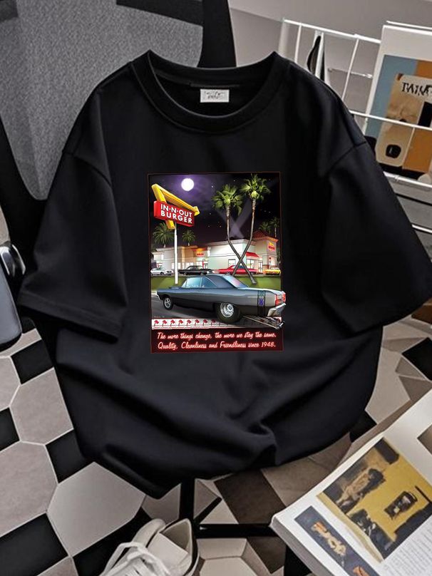 In N Out Burger Las Vegas 2 Palm Trees Classic Cars Drive Thru Black T-Shirt L Homme Stylish Top For Everyday Wear Summer Fashion Breathable_viptrois.com