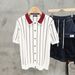 Men's Clothing Summer New Style Men's T-Shirt Cardigan Loose Fit Turn Down Collar Short Sleeve Knit Polo Shirt Striped Top_viptrois.com