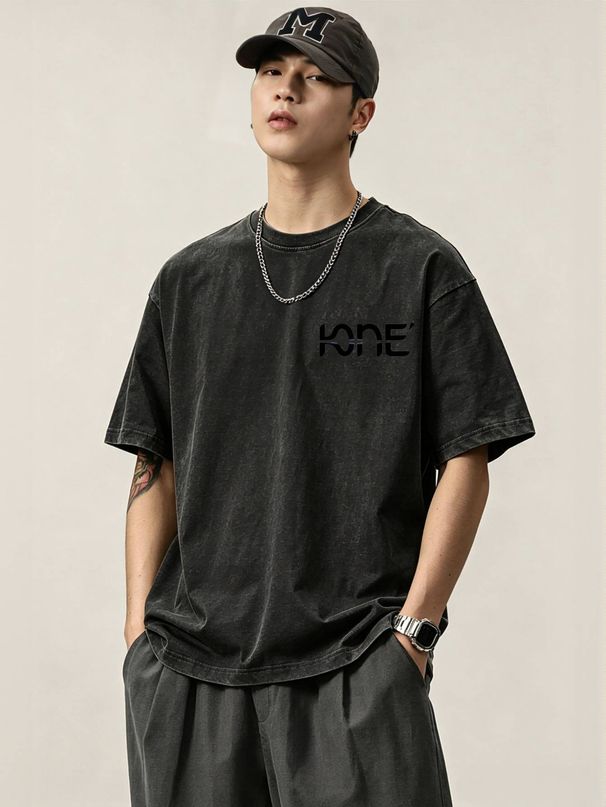 230g Washed Men Casual Tee KONE Abstract Curved Font Print Short Sleeve Loose Daily Streetwear T-Shirt_viptrois.com