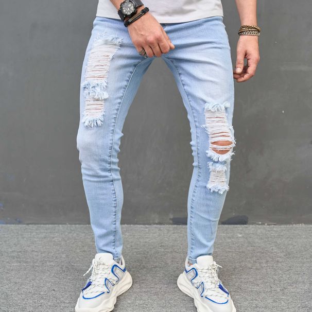 Men's Clothing Personalized Trendy New Casual Jeans Men's Slim Ripped Trousers High Street Tights_viptrois.com