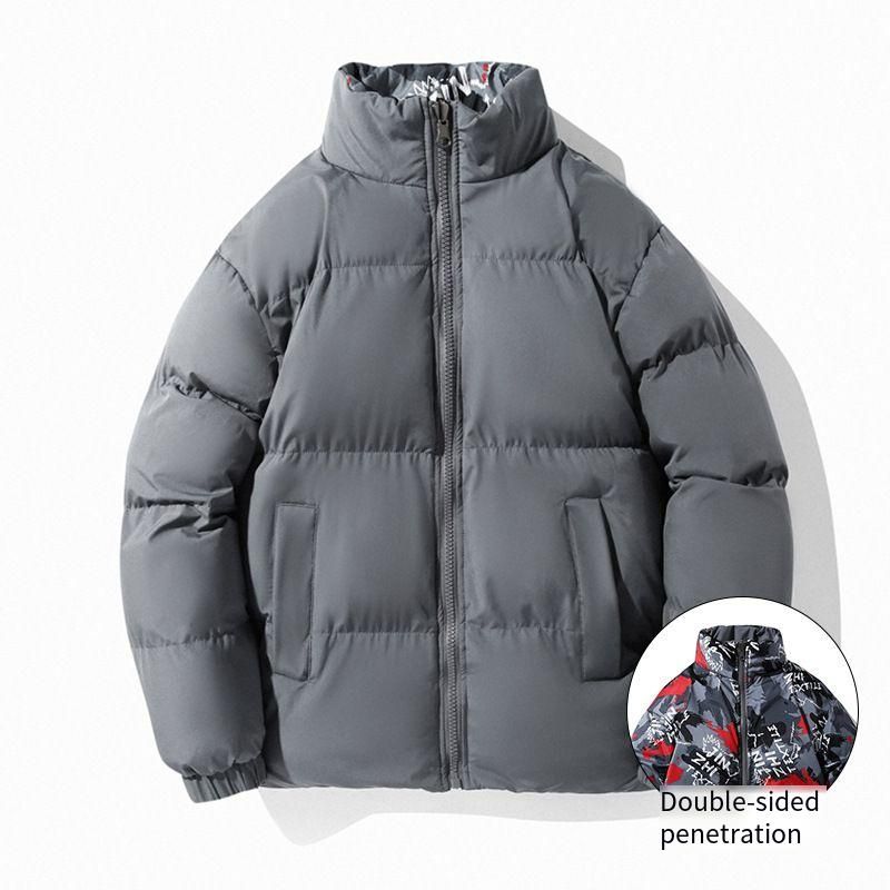 Men's Reversible Short Puffer Jacket With Stand Collar - Stylish Streetwear Bomber Coat For Winter (Black/Khaki/Gray)_viptrois.com