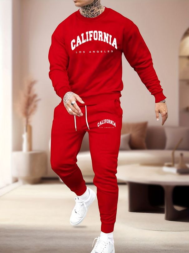 Men's Autumn And Winter Casual Warm California Letter Printed Loose Thick Velvet Round Neck Sports Shirt+sports Pants Set_viptrois.com